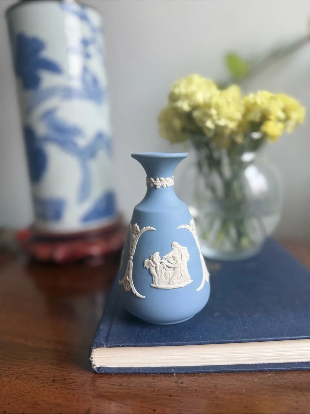 Matte Blue Decorative Bud Vase with White Relief Accents